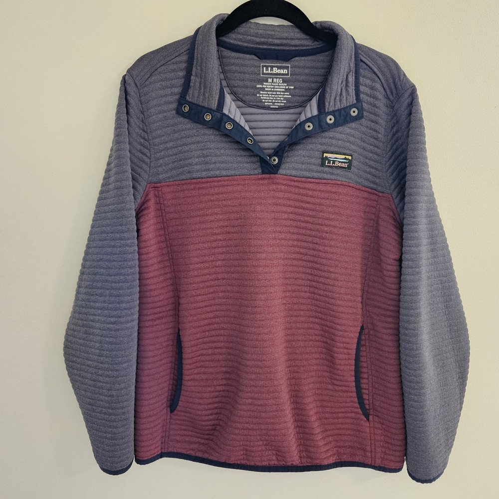 LL Bean Womens Quilted Pullover Snap Neck Fleece Grey Maroon Colorblock M REG